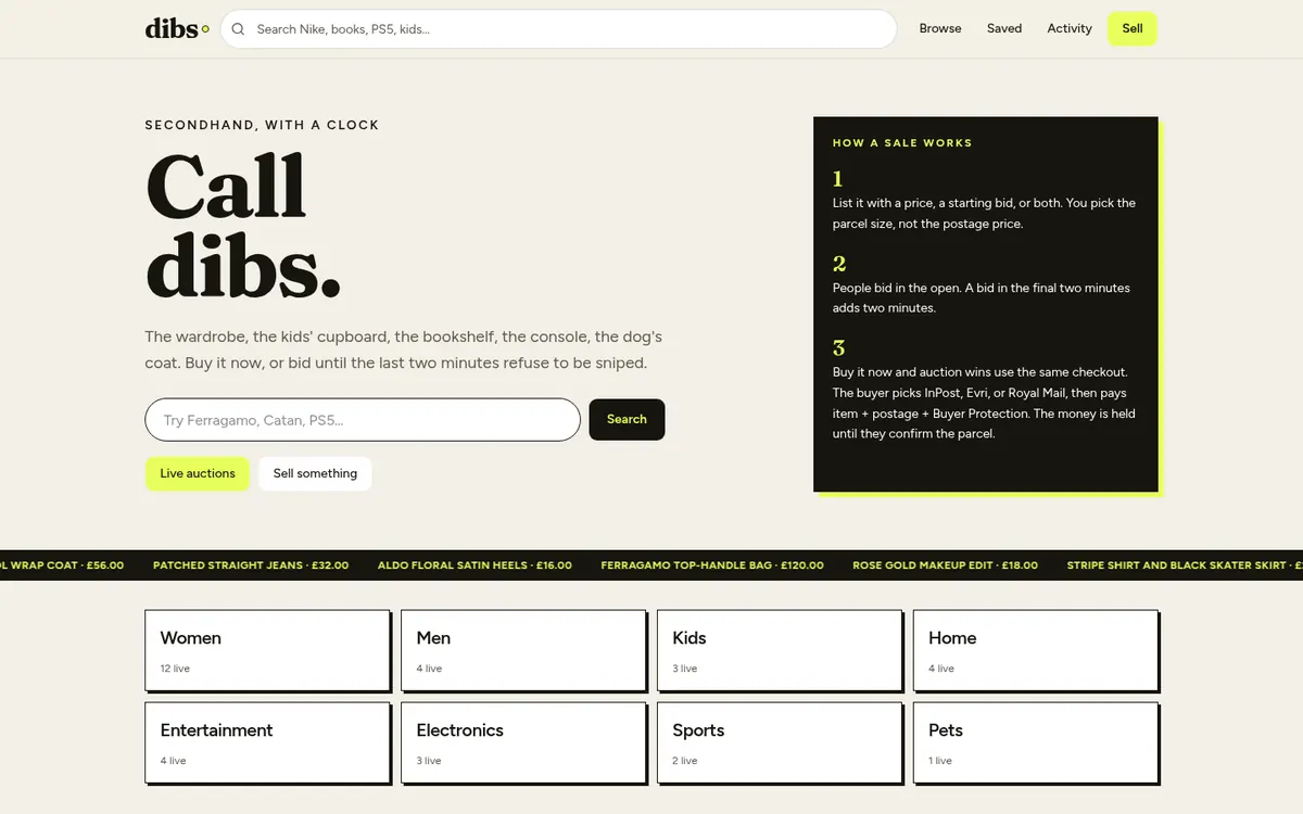 dibs marketplace example website design with buy it now and bidding