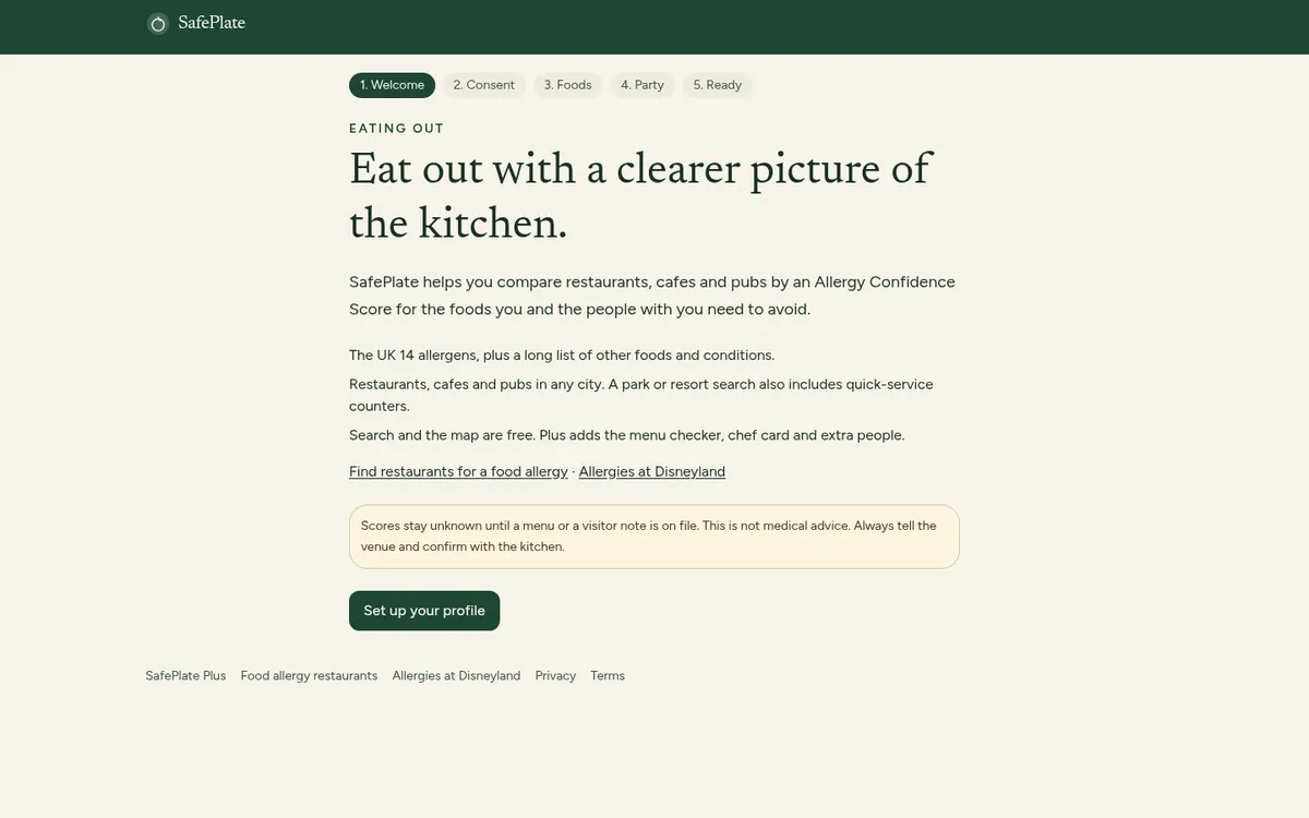 SafePlate allergy-safe restaurant finder website homepage