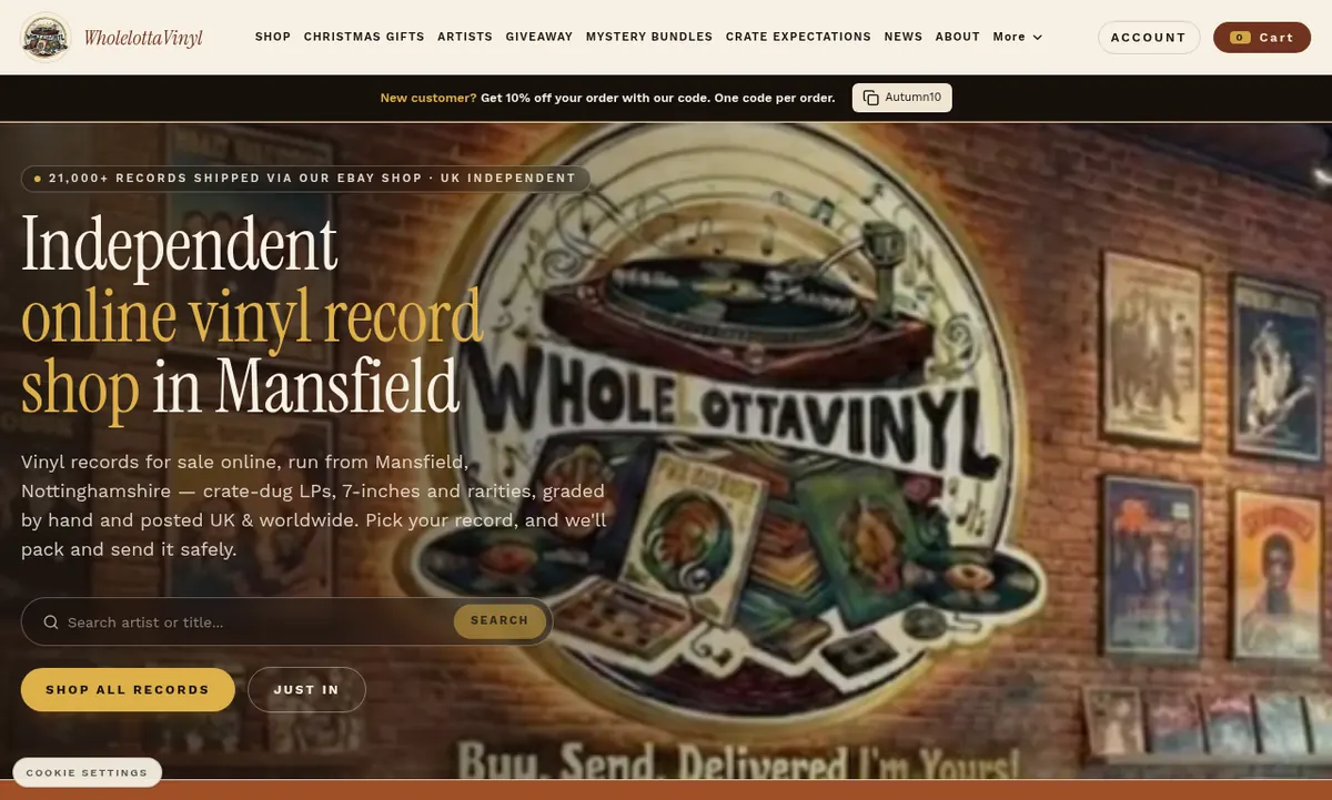 WholeLottaVinyl online record shop website homepage, custom designed for a small business in Mansfield